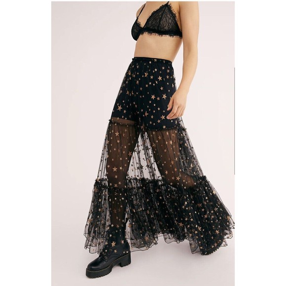 Free People A Star Is Born Gold Glitter Black Mesh Maxi Skirt Small Festival